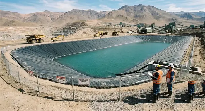 Pila de lixiviación impermeabilizada con geomembrana HDPE en faena minera