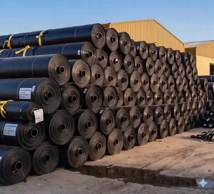 Bodega con rollos de geomembrana HDPE en stock